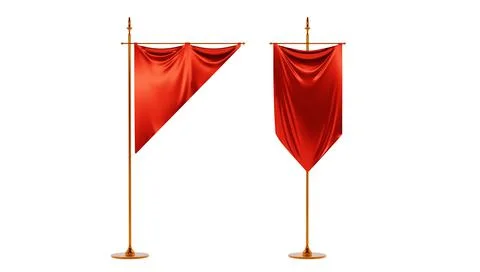 Red pennant flags mockup, blank vertical banners hanging on golden flagpole, 3d Stock Illustration