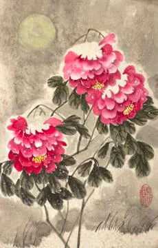Red peony under snow Stock Illustration