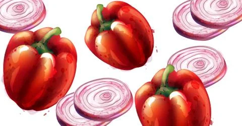 Red pepper and onion Vector pattern. Menu restaurant textures Stock Illustration