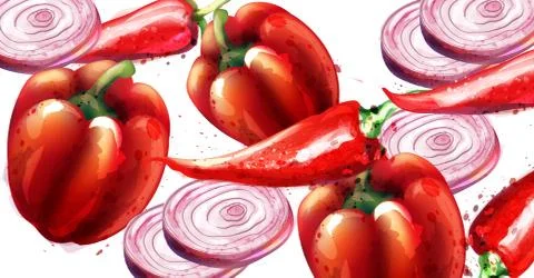 Red pepper and onion Vector pattern. Menu restaurant textures Stock Illustration
