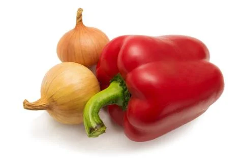 Red pepper and two bulbs isolated on white background Foto stock
