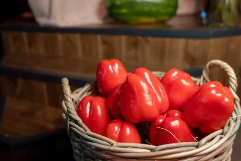Red pepper in a basket Stock Photos