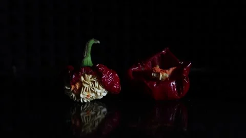 Red Pepper on black reflecting surface Stockbeeldmateriaal 158506615