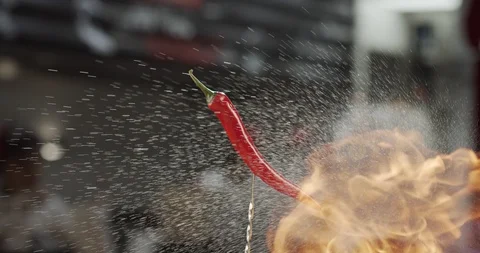 Red pepper burns on fire. 4K Slow Motion Stock Footage 117353520