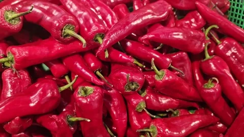 Red pepper in a plastic green box on a market or store counter. Capi red pepper  Video stock 274725698