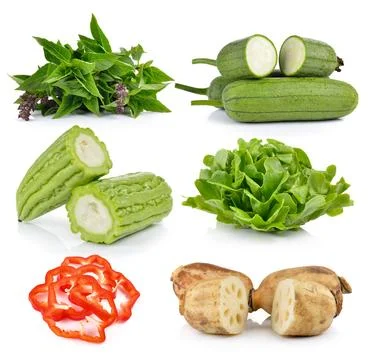 Red pepper slices, Lotus root, Momordica charantia, Green Oak, Sponge Gourd.. Stock Photos