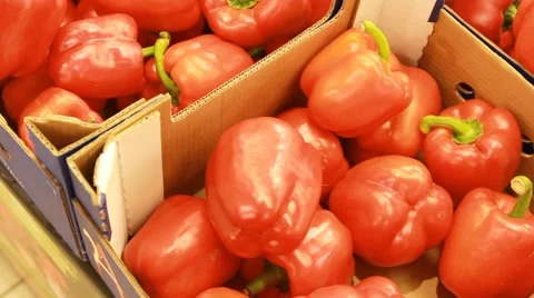 Red pepper in a supermarket are in the vegetable drawers Stock Footage 60118802