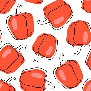 Red pepper vector seamless pattern. Line art doodle style. Isolated on a white Stock Illustration