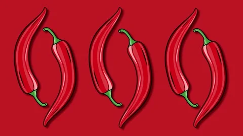 Red peppers moving animation. 2D animation of hot peppers on a red background. Stock Footage 195535228