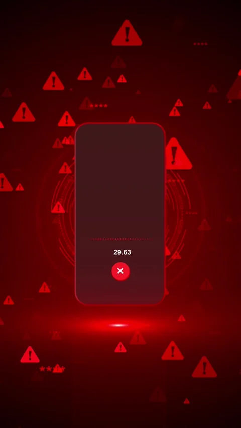 Red phone warning interface background danger signs, cyber alert graphics, and d Stock Footage 340411945