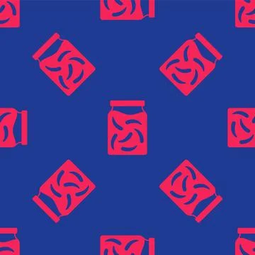 Red Pickled cucumbers in a jar icon isolated seamless pattern on blue background Stock Illustration