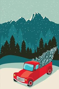 Red pickup with evergreen tree and forest Stock Illustration