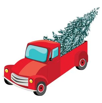 Red pickup with evergreen tree Stock Illustration