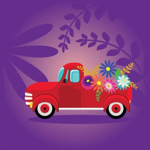 Red pickup with flowers card イラスト素材