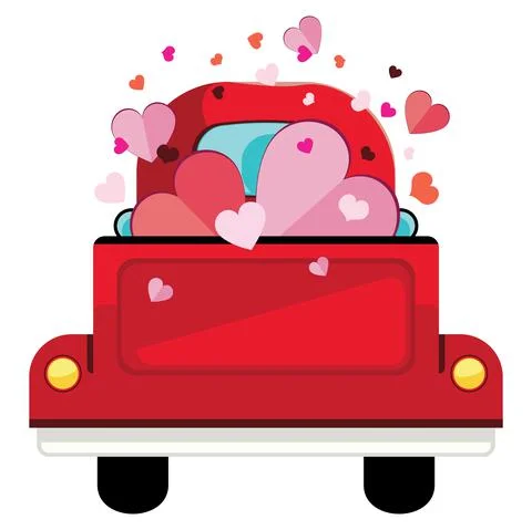 Red pickup with hearts 스톡 일러스트