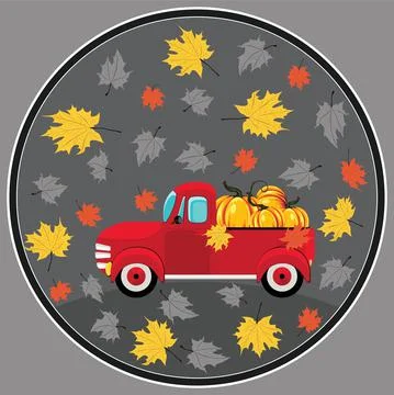 Red pickup maple leaves and pumpkins Stock Illustration