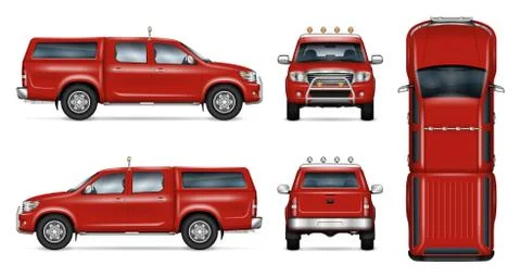 Red pickup truck vector template side, front, back, top view Stock Illustration