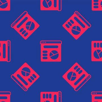 Red Pie chart infographic icon isolated seamless pattern on blue background 스톡 일러스트