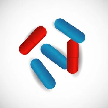 Red pill blue pill vector illustration. Blue and red pills iscon sign on whit Stock Illustration