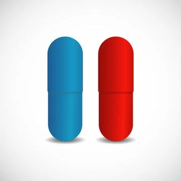 Red pill blue pill vector illustration. Blue and red pills iscon sign on whit Stock Illustration