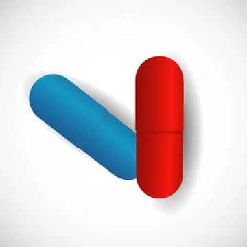 Red pill blue pill vector illustration. Blue and red pills iscon sign on whit Stock Illustration