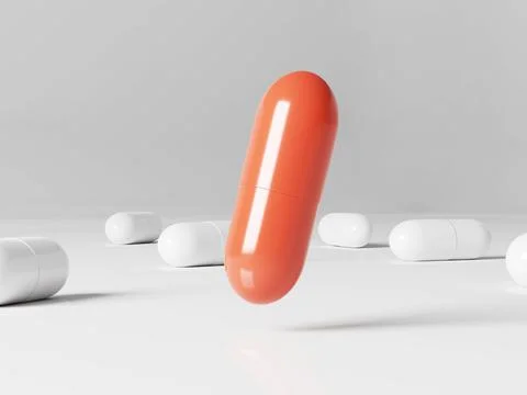 Red pill floating in white studio with white capsules around. Covid-19 medicine Stock Illustration