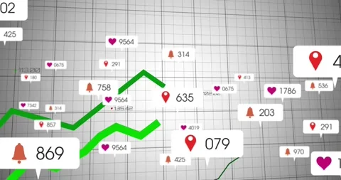 Red pin appearing, green jagged graphs rising, crossing grid, revealing badges Stock Footage 331161107