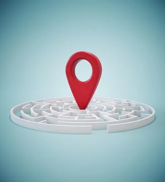 Red pin in a complex white maze. Successful goal concept. Stock Illustration