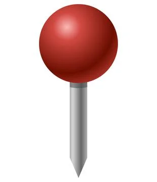 Red pin icon. Attach button on needle, pinned office thumbtack and paper push Illustrazione stock