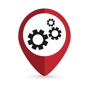 Red pin location with gear icon inside. Vector illustration. Stock Illustration