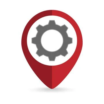 Red pin location with gear icon inside. Vector illustration. Stock Illustration