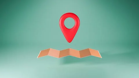 Red pin location on the paper map and green background. Locator mark icon sig Stock Illustration
