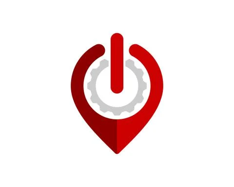 Red pin location with power button and gear inside Stock Illustration