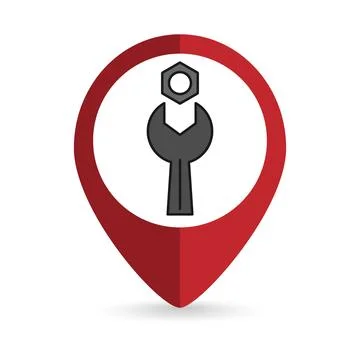 Red pin location with wrench inside. Vector illustration. Stock Illustration