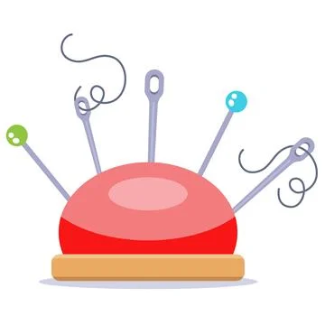 Red pincushion with needles and thread. Stock Illustration