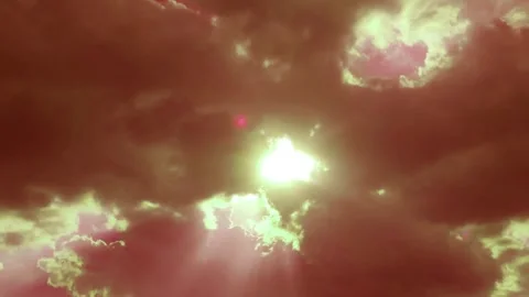 Red pink heart shape cloud n bright sun light ray on sunny Pastel clear sky Stock-Footage 330230745