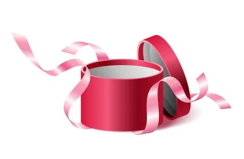 Red pink opened 3d realistic round gift box with flying off ribbons and place Stock Illustration