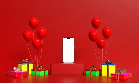 Red pink orange color gradient background wallpaper gift box balloon colorf.. Stock Illustration