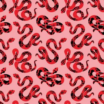 Red pink snake seamless pattern. Reptile background design. Gothic rock style. Stock Illustration