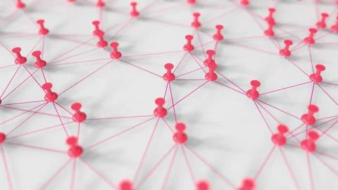 Red pins and thread network model on a pinboard, 3D rendering Stock Illustration