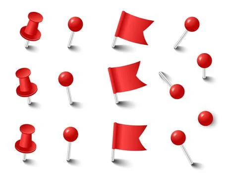 Red pins tacks flags. Attach buttons on needles, pinned office thumbtack Stock Illustration