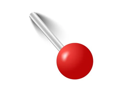 Red pins tacks flags. Attach buttons on needles, pinned office thumbtack. Vector Stock Illustration