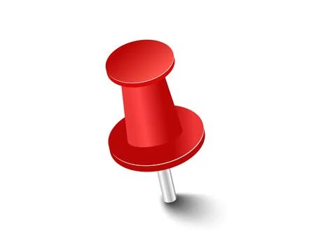 Red pins tacks flags. Attach buttons on needles, pinned office thumbtack. Vector Illustrazione stock