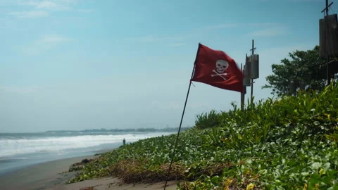 A red pirate flag with a white skull develops in the wind on the street in th 動画素材 149160066