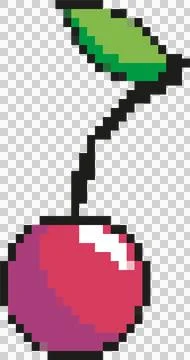 Red pixel art cherry is floating on transparent background with black stem, Stock Illustration