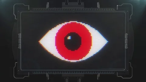 Red pixel eye symbol on glitch futuristic lcd led screen display background Video stock 83130896