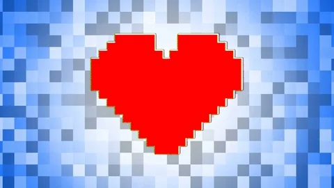 Red Pixel Heart Digital Retro Animation On Blue White Square Mosaic Background Stock Footage 85109956