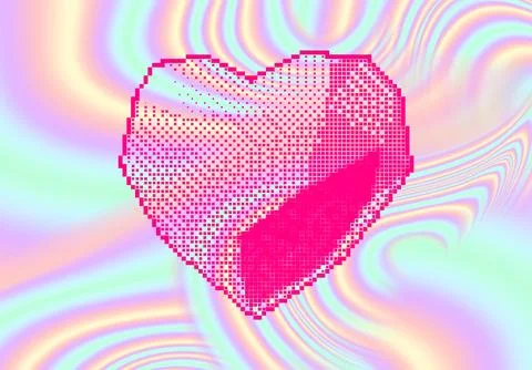 Red pixel heart icon isolated on background in Y2K 3D style Stock Illustration