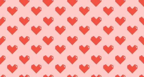 Red pixel heart on pink background, seamless pattern Stock Illustration