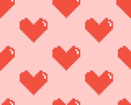 Red pixel heart on pink background, seamless vector pattern 스톡 일러스트